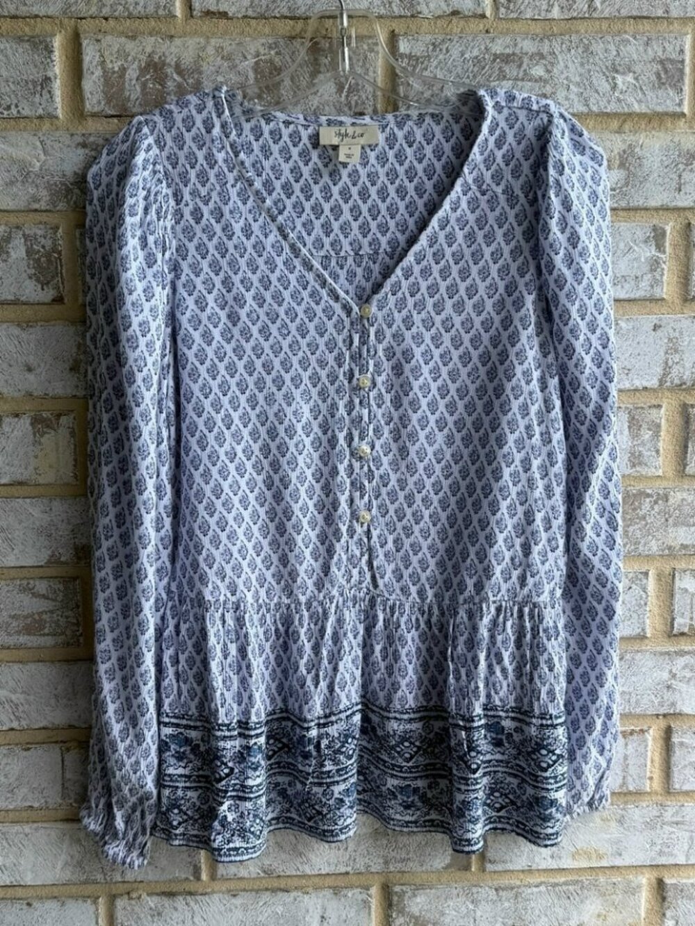 Style & Co Long Sleeve Button Up V-Neck Peasant Boho Blouse Women's Size S